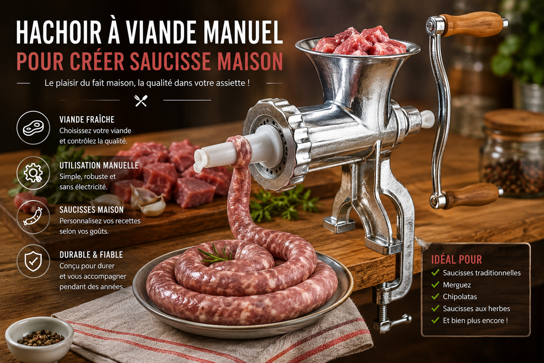 Créer vos saucisses maisons avec un hachoir à viande manuel.