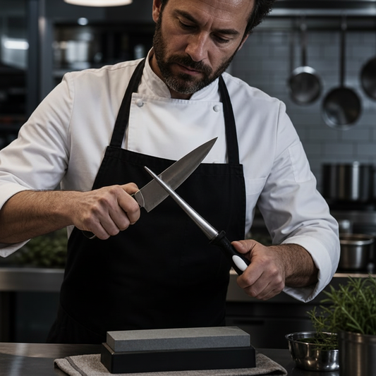 Chef aiguisant un couteau