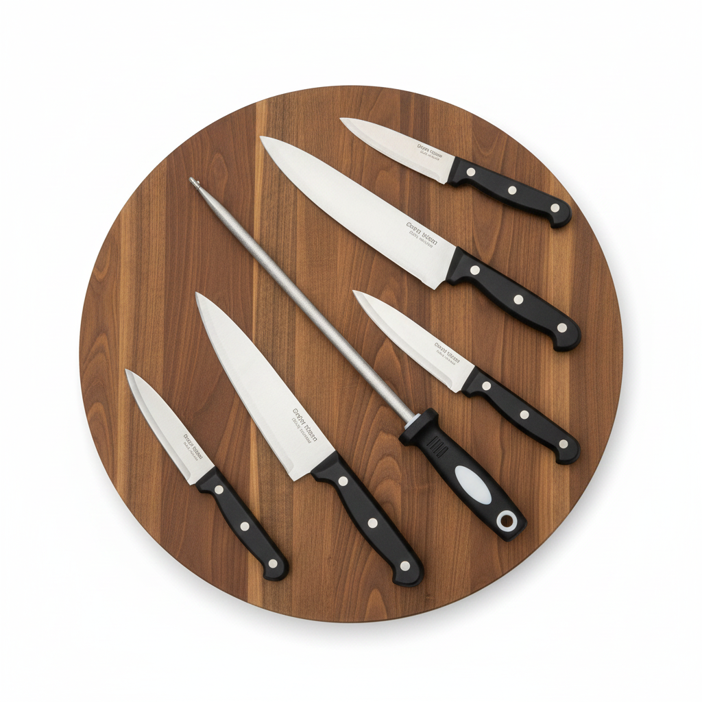 Flat lay aiguiseur et couteaux